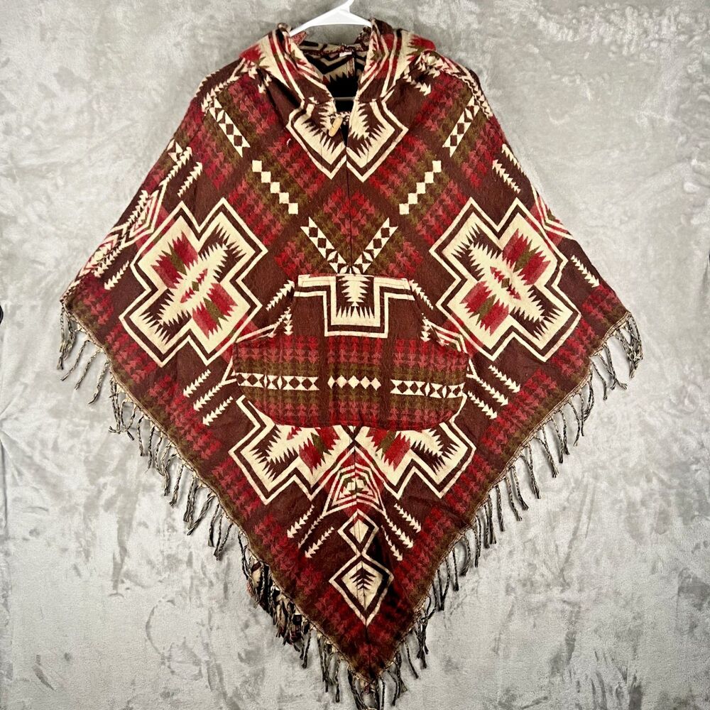 Women’s Aztec Print Hooded Poncho Brown Red Fringe Front Pocket Western One Size